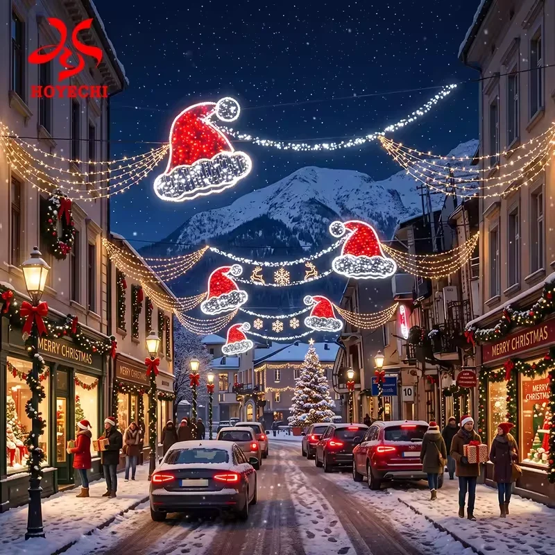 Santa hat motif lights above a snowy shopping street in a design visualization
