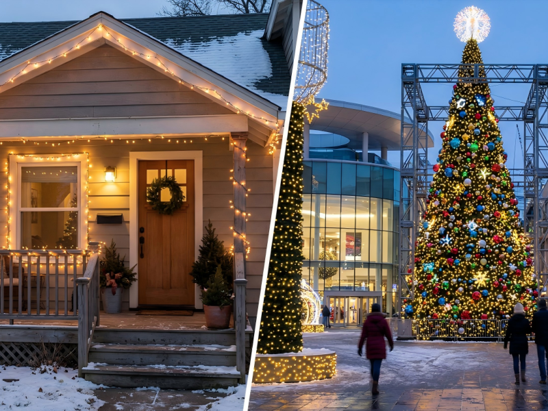 Cover image comparing residential Christmas lights on a home porch with commercial Christmas lights on a large outdoor Christmas tree in a public plaza