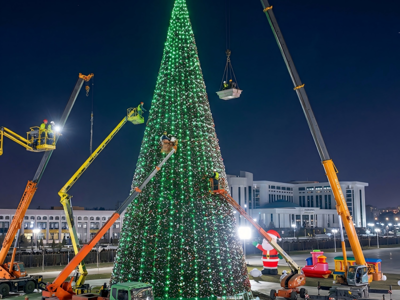 Giant cone-frame commercial Christmas tree being installed in a city plaza with cranes and lifting platforms