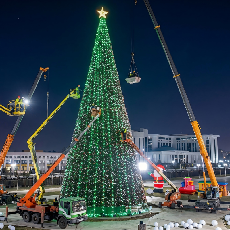 Giant cone-frame commercial Christmas tree being installed in a city plaza with cranes and lifting platforms