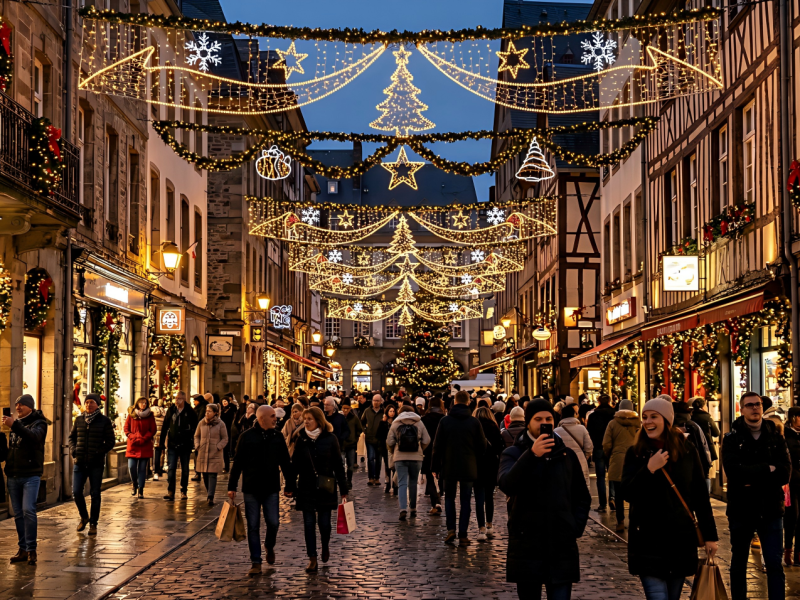 Luces navideñas transversales instaladas sobre una concurrida calle peatonal comercial con un fuerte ambiente festivo y tráfico de visitantes