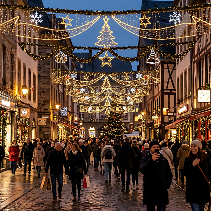 Lumières de Noël installées au-dessus d'une rue piétonne commerçante très fréquentée, avec une forte atmosphère festive et un trafic de visiteurs.