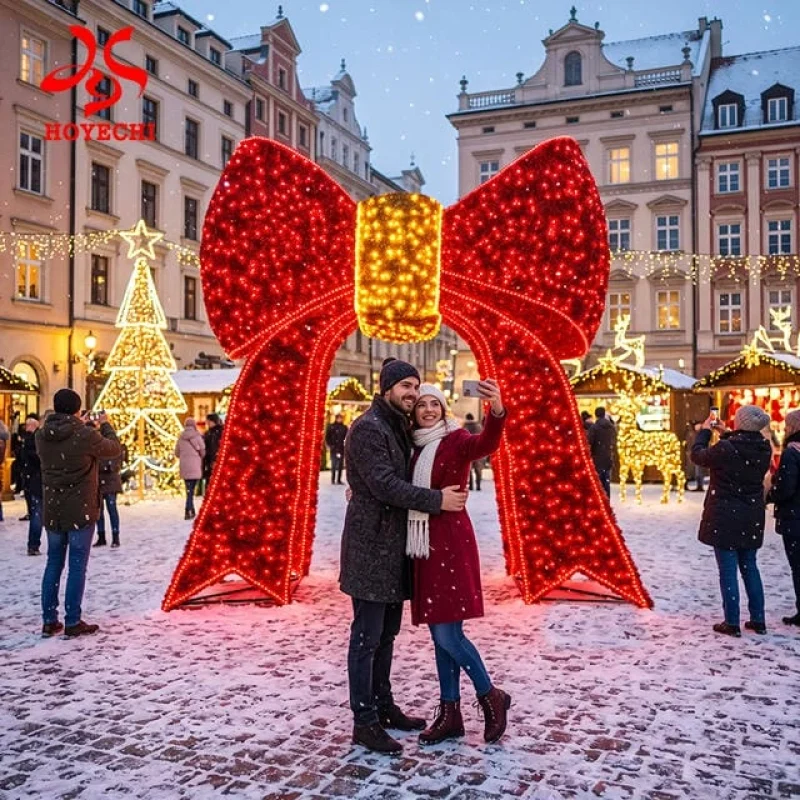 Concept rendering of a large red illuminated bow in a Christmas market setting