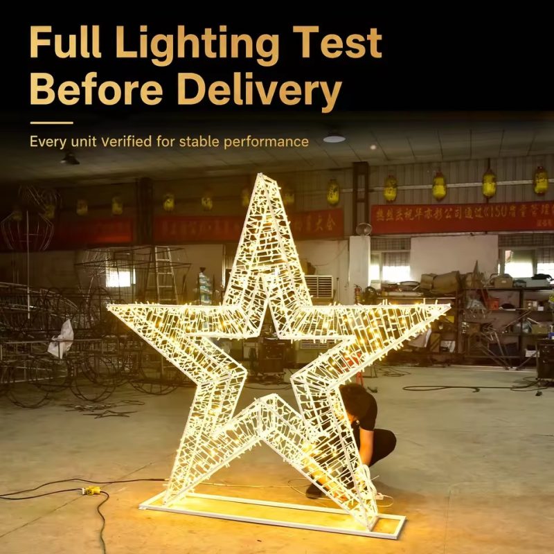 Freestanding warm white five-point LED star on a rectangular base during workshop lighting test