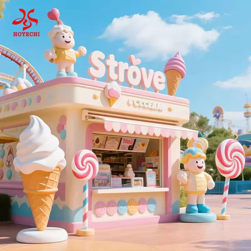 Supplier concept showing giant ice cream and candy props at a commercial kiosk