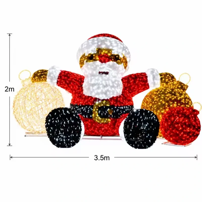 Sitting Santa light display with gift sacks, 2m high and 3.5m wide