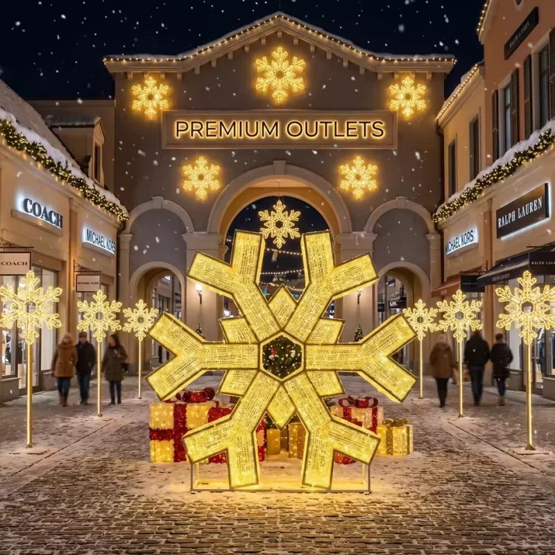 Floco de neve gigante, branco e quente, iluminado, numa decoração comercial de inverno