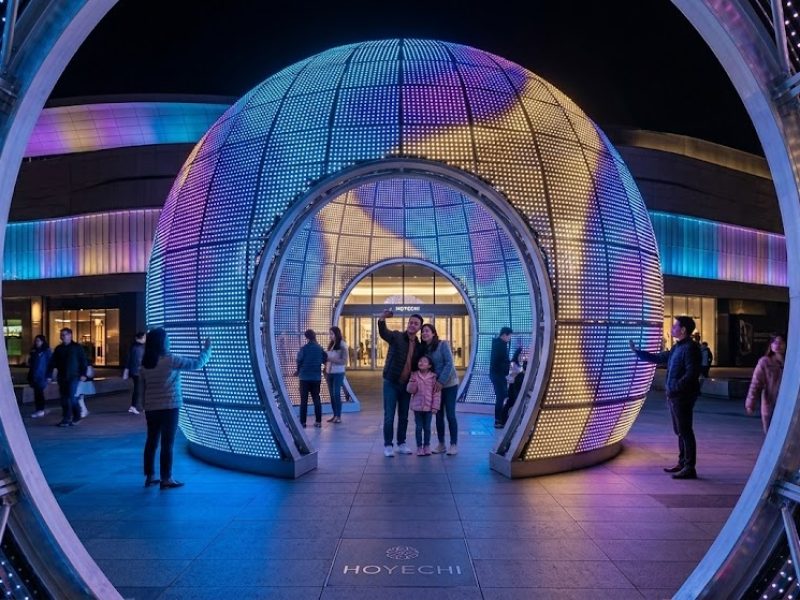 Large HOYECHI walk-through spherical light sculpture made of heavy-duty aluminum frames and programmable RGB LEDs on a mall plaza.