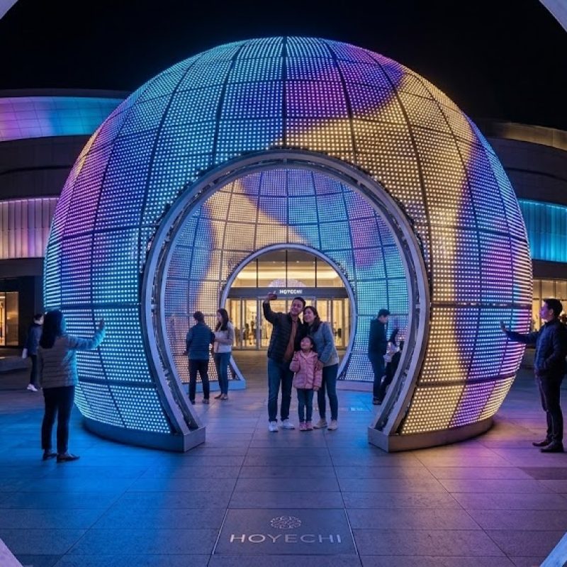 Large HOYECHI walk-through spherical light sculpture made of heavy-duty aluminum frames and programmable RGB LEDs on a mall plaza.