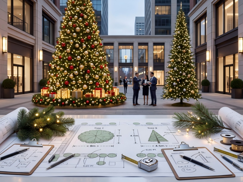 Escena de planificación de un proyecto comercial de árboles de Navidad con dos grandes árboles navideños de diferentes diámetros de base, muestras de ramas, muestras de iluminación y documentos de diseño en una plaza urbana de primera categoría.