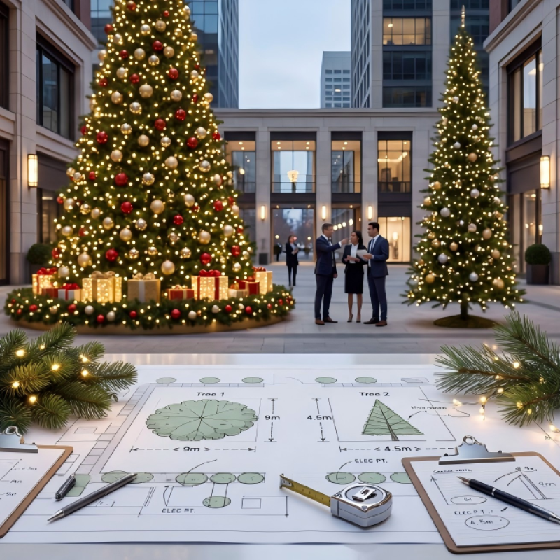 Cena de planeamento de um projeto comercial de árvore de Natal com duas árvores de Natal de grande porte com diferentes diâmetros de base, amostras de ramos, amostras de iluminação e documentos de design numa praça urbana de luxo