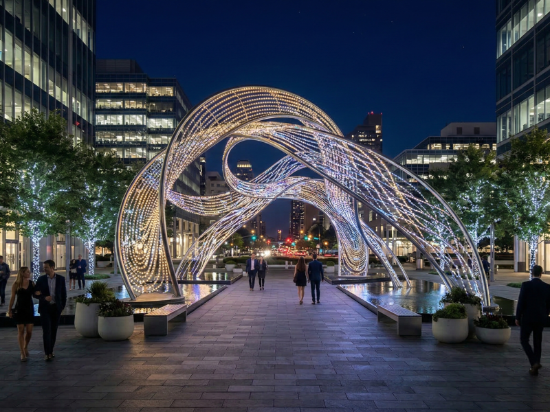 Instalação de iluminação decorativa exterior de grande escala num espaço público de uma praça comercial