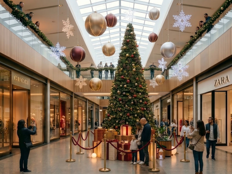 commercial Christmas tree in shopping mall atrium with oversized gift box decorations