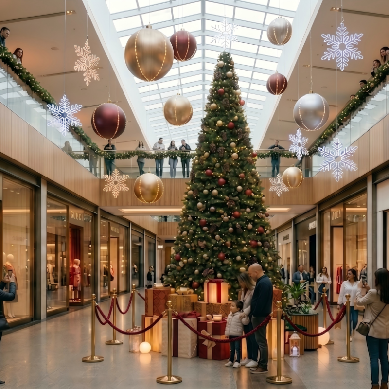 Árvore de Natal comercial no átrio de um centro comercial com decorações de caixa de presente de grandes dimensões