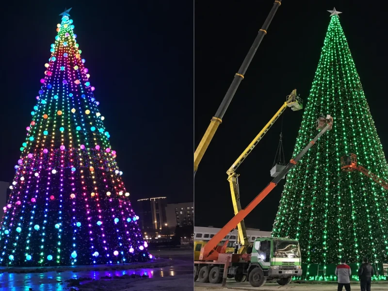 Two night views of illuminated cone-shaped Christmas trees, one multicolor and one green beside lifting equipment