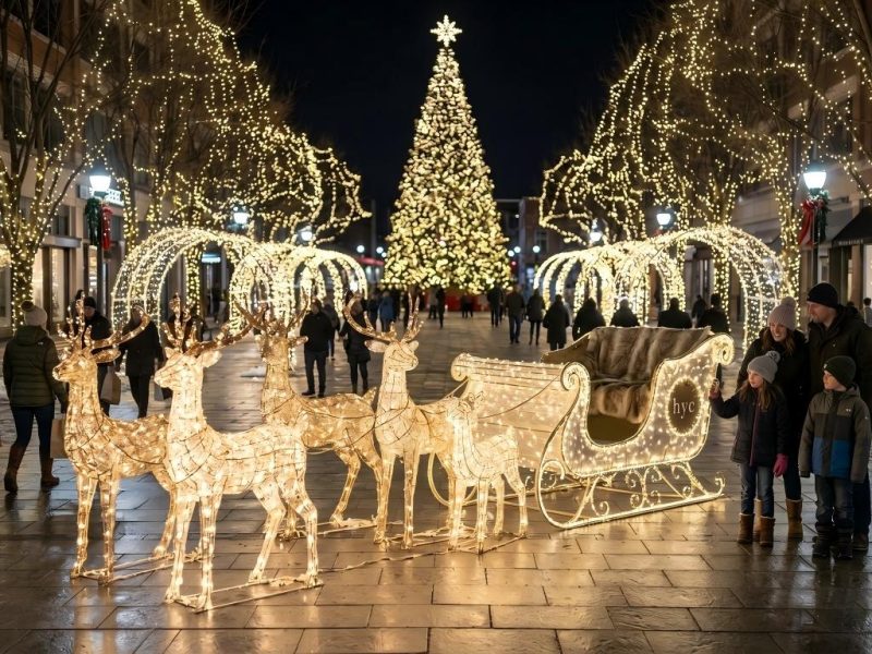 Reindeer and sleigh arrangement in a commercial Christmas display with space for photos