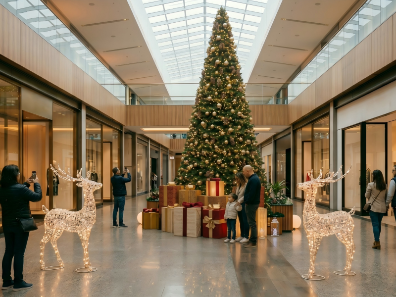 Shopping mall atrium Christmas scene with a large tree, gift boxes, and illuminated reindeer sculptures