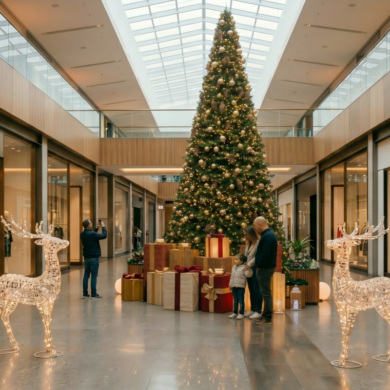 Shopping mall atrium Christmas scene with a large tree, gift boxes, and illuminated reindeer sculptures