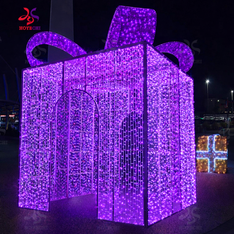 Caja de regalo con luz LED púrpura personalizada para decoración navideña exterior